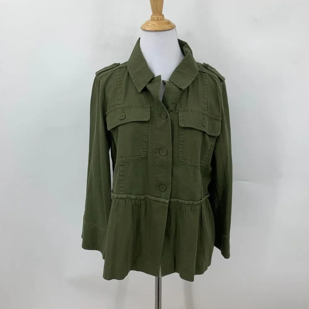 LOFT Ann Taylor Herringbone Jacket Womens M Medium Peplum Wide Sleeves Utility